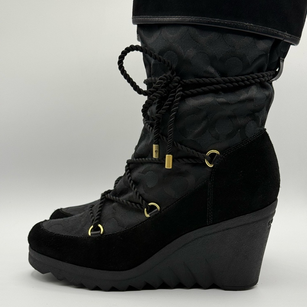 COACH Black Maisy Signature C Logo Monogram Wedge Boots Size 9.5 B - Picture 14 of 17